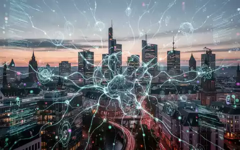 Futuristische Skyline Frankfurts in der Dämmerung, digitale Datenströme und KI-Muster betonen Deutschlands digitale Transformation. - Foto: über boerse-global.de