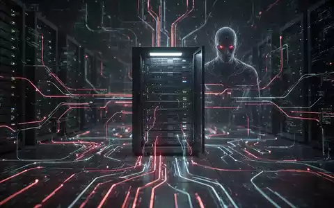 Eine abstrakte Darstellung von Cyberbedrohungen für Unternehmen, mit dunklen digitalen Pfaden, die auf einen Serverrack zulaufen, und einer ominösen roten KI-Bedrohung. - Foto: über boerse-global.de