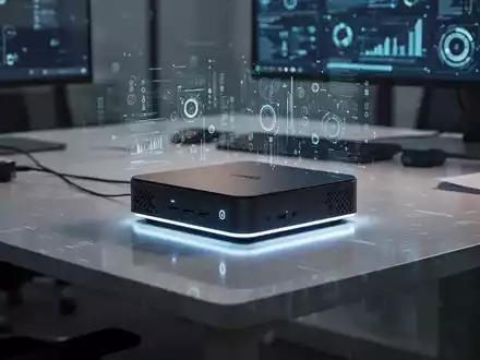 Ein kompakter Mini-PC steht auf einem modernen Schreibtisch, mit unscharfem Bürohintergrund. - Foto: über boerse-global.de