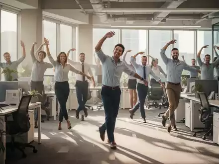 Büroangestellte machen kurze Gehpausen und leichte Dehnübungen in einem modernen Büro, um langes Sitzen auszugleichen. - Foto: über boerse-global.de