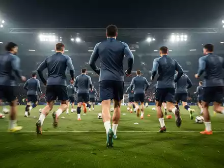 Eine Fußballmannschaft beim Training auf einem grünen Rasen, von hinten gesehen, mit verschwommenen Bewegungen und Stadionlichtern im Hintergrund. - Foto: über boerse-global.de