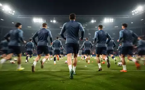 Eine Fußballmannschaft beim Training auf einem grünen Rasen, von hinten gesehen, mit verschwommenen Bewegungen und Stadionlichtern im Hintergrund. - Foto: über boerse-global.de