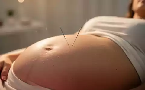 Eine Akupunkturnadel, die vorsichtig auf dem Bauch einer schwangeren Frau platziert ist, in einem ruhigen, warmen Licht. - Foto: über boerse-global.de