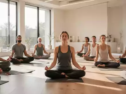 Eine Gruppe von Menschen praktiziert Yoga oder Meditation in einem hellen, modernen Raum, der ganzheitliche Gesundheitsansätze symbolisiert. - Foto: über boerse-global.de