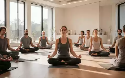 Eine Gruppe von Menschen praktiziert Yoga oder Meditation in einem hellen, modernen Raum, der ganzheitliche Gesundheitsansätze symbolisiert. - Foto: über boerse-global.de
