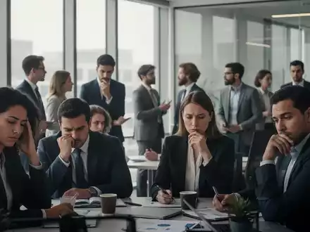 Eine Gruppe von Geschäftsleuten in einem modernen Büro, einige nachdenklich, andere im Gespräch, was psychische Belastung andeutet. - Foto: über boerse-global.de