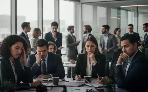 Eine Gruppe von Geschäftsleuten in einem modernen Büro, einige nachdenklich, andere im Gespräch, was psychische Belastung andeutet. - Foto: über boerse-global.de