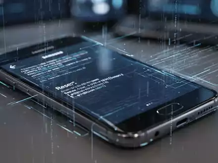 Smartphone-Display mit technischen Daten und dezenten digitalen Elementen, die auf Daten und einen Werksreset hindeuten. - Foto: über boerse-global.de