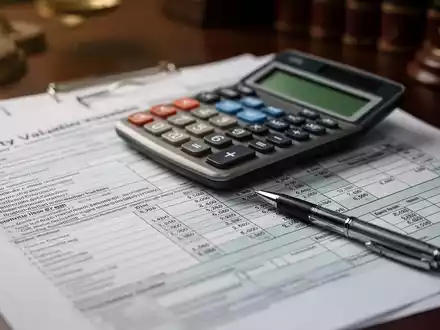 Nahaufnahme eines komplexen Finanzdokuments oder Steuerformulars, möglicherweise zur Immobilienbewertung, mit Taschenrechner und Stift. - Foto: über boerse-global.de
