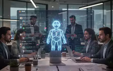 Leuchtendes, abstraktes KI-Assistenten-Symbol in Slack-Oberfläche, unscharfe Team-Mitglieder im Hintergrund. - Foto: über boerse-global.de
