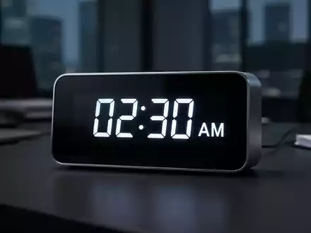 Eine digitale Uhr zeigt 02:30 Uhr an, im Dunkeln leuchtend, was Nachtarbeit und die damit verbundenen Regelungen symbolisiert. - Foto: über boerse-global.de