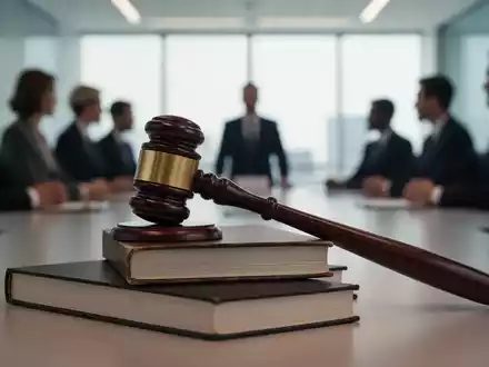 Ein Nahaufnahme eines Holzhammers auf einem Stapel Gesetzbücher, mit unscharfen Silhouetten von Personen im Hintergrund. - Foto: über boerse-global.de