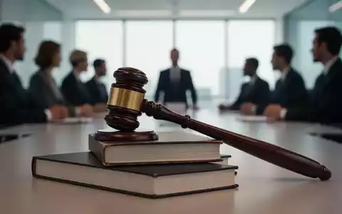 Ein Nahaufnahme eines Holzhammers auf einem Stapel Gesetzbücher, mit unscharfen Silhouetten von Personen im Hintergrund. - Foto: über boerse-global.de