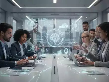 Ein Team von Fachleuten arbeitet in einem modernen Büro zusammen, umgeben von holografischen Displays und KI-Symbolen, die Effizienz und Technologie symbolisieren. - Foto: über boerse-global.de
