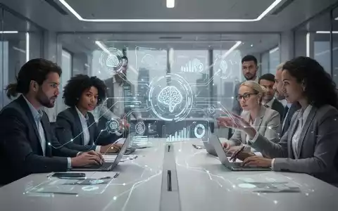Ein Team von Fachleuten arbeitet in einem modernen Büro zusammen, umgeben von holografischen Displays und KI-Symbolen, die Effizienz und Technologie symbolisieren. - Foto: über boerse-global.de