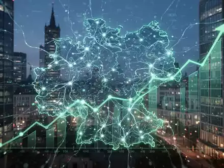 Abstrakte Visualisierung von KI-Innovation und Wirtschaftswachstum in Deutschland, mit neuronalen Netzen über einer Karte Bayerns und einem aufsteigenden Graphen. - Foto: über boerse-global.de