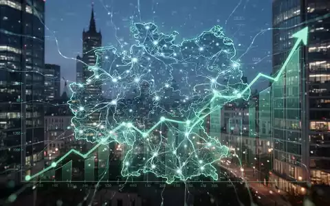 Abstrakte Visualisierung von KI-Innovation und Wirtschaftswachstum in Deutschland, mit neuronalen Netzen über einer Karte Bayerns und einem aufsteigenden Graphen. - Foto: über boerse-global.de