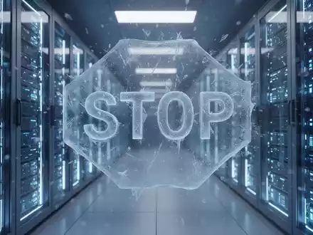 Stilisierte, futuristische Datenzentrale mit blauen Serverracks und digitalem Stoppschild. - Foto: über boerse-global.de