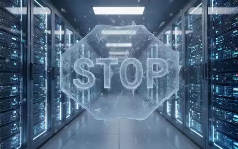 Stilisierte, futuristische Datenzentrale mit blauen Serverracks und digitalem Stoppschild. - Foto: über boerse-global.de