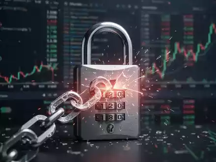 Digitales Vorhängeschloss mit gebrochenem Kettenglied, Symbol für Sicherheitsverletzung, über verschwommenen Kryptowährungsdaten. - Foto: über boerse-global.de
