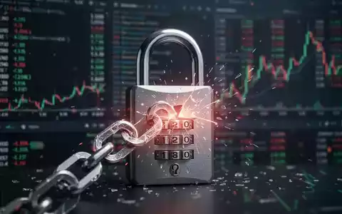Digitales Vorhängeschloss mit gebrochenem Kettenglied, Symbol für Sicherheitsverletzung, über verschwommenen Kryptowährungsdaten. - Foto: über boerse-global.de