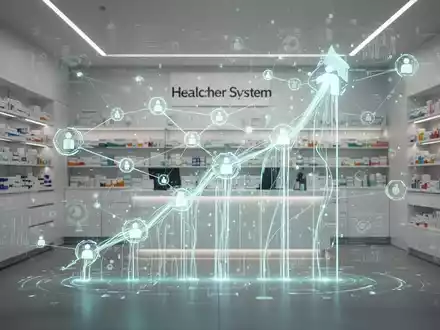 Stilisiertes, leuchtendes digitales Netz, das das deutsche Gesundheitswesen darstellt, mit modernem Apothekeninterieur im Hintergrund. - Foto: über boerse-global.de