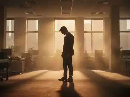 Eine einzelne, silhouettierte Person steht in einem warm beleuchteten Büro, den Kopf gesenkt, was Müdigkeit und Stress symbolisiert. - Foto: über boerse-global.de
