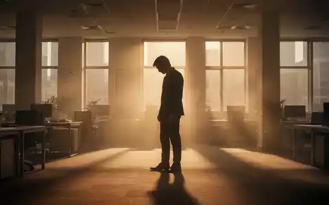 Eine einzelne, silhouettierte Person steht in einem warm beleuchteten Büro, den Kopf gesenkt, was Müdigkeit und Stress symbolisiert. - Foto: über boerse-global.de