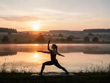 Eine ruhige Landschaft der Uckermark bei Sonnenaufgang mit sanften Hügeln, einem See und einer Person, die Yoga praktiziert. - Foto: über boerse-global.de