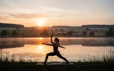 Eine ruhige Landschaft der Uckermark bei Sonnenaufgang mit sanften Hügeln, einem See und einer Person, die Yoga praktiziert. - Foto: über boerse-global.de