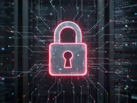 Ein stilisiertes, leuchtendes Vorhängeschloss-Symbol über einem unscharfen Hintergrund aus abstrakten digitalen Datenströmen. - Foto: über boerse-global.de