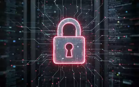 Ein stilisiertes, leuchtendes Vorhängeschloss-Symbol über einem unscharfen Hintergrund aus abstrakten digitalen Datenströmen. - Foto: über boerse-global.de