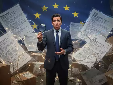 Ein verwirrter Geschäftsmann steht inmitten eines chaotischen Durcheinanders von Dokumenten und Verpackungsmaterialien, die EU-Flagge im Hintergrund. - Foto: über boerse-global.de
