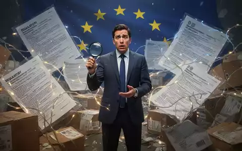 Ein verwirrter Geschäftsmann steht inmitten eines chaotischen Durcheinanders von Dokumenten und Verpackungsmaterialien, die EU-Flagge im Hintergrund. - Foto: über boerse-global.de