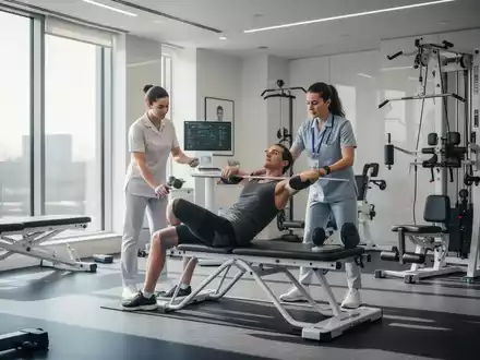 Eine moderne Physiotherapie-Praxis mit Patient und Therapeut bei Übungen, im Hintergrund sind orthopädische Geräte zu sehen. - Foto: über boerse-global.de