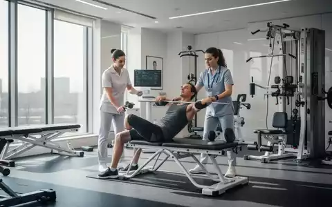 Eine moderne Physiotherapie-Praxis mit Patient und Therapeut bei Übungen, im Hintergrund sind orthopädische Geräte zu sehen. - Foto: über boerse-global.de