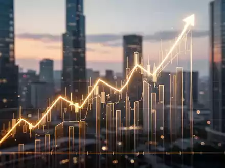 Ein stilisierter, goldener Liniengraph, der nach oben zeigt, vor einer verschwommenen modernen Stadtlandschaft in der Abenddämmerung. - Foto: über boerse-global.de