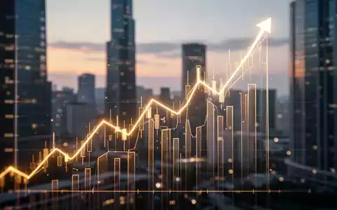 Ein stilisierter, goldener Liniengraph, der nach oben zeigt, vor einer verschwommenen modernen Stadtlandschaft in der Abenddämmerung. - Foto: über boerse-global.de
