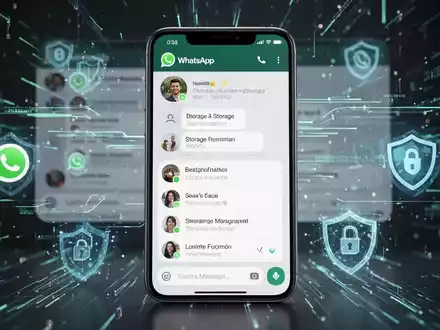 Smartphone-Bildschirm mit WhatsApp-Speicherverwaltung und digitalen Sicherheitssymbolen. - Foto: über boerse-global.de