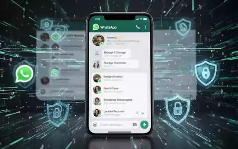 Smartphone-Bildschirm mit WhatsApp-Speicherverwaltung und digitalen Sicherheitssymbolen. - Foto: über boerse-global.de