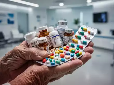 Eine Nahaufnahme der Hand einer älteren Person, die verschiedene Medikamentenflaschen und Blisterpackungen hält. - Foto: über boerse-global.de