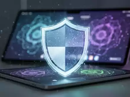 Ein stilisiertes, leuchtendes digitales Schildsymbol über einer unscharfen Darstellung einer modernen Apple-Geräteoberfläche. - Foto: über boerse-global.de