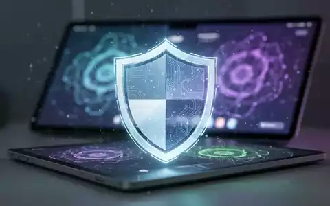 Ein stilisiertes, leuchtendes digitales Schildsymbol über einer unscharfen Darstellung einer modernen Apple-Geräteoberfläche. - Foto: über boerse-global.de