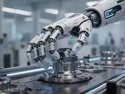 Eine hochmoderne humanoide Roboterhand mit taktilen Sensoren greift präzise ein Bauteil an einer Montagelinie. - Foto: über boerse-global.de