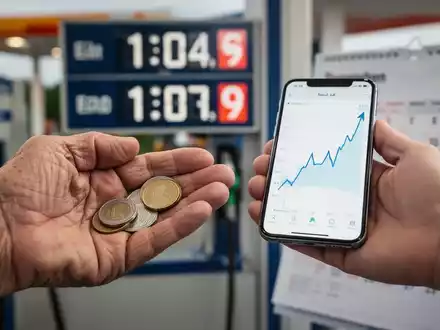 Ältere Hand hält Euro-Münzen, jüngere Hand hält Smartphone mit steigendem Diagramm. Im Hintergrund: Tankstellenpreise und Juli-Kalender. - Foto: über boerse-global.de