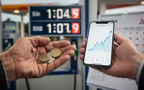 Ältere Hand hält Euro-Münzen, jüngere Hand hält Smartphone mit steigendem Diagramm. Im Hintergrund: Tankstellenpreise und Juli-Kalender. - Foto: über boerse-global.de