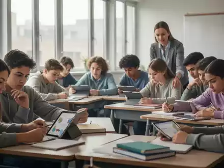 Eine Gruppe konzentrierter Schüler in einem modernen Klassenzimmer, die lernen und Notizen machen, mit einem Lehrer im Hintergrund. - Foto: über boerse-global.de
