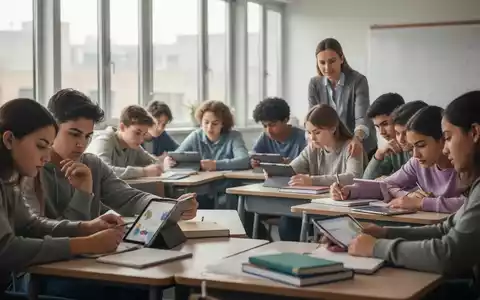 Eine Gruppe konzentrierter Schüler in einem modernen Klassenzimmer, die lernen und Notizen machen, mit einem Lehrer im Hintergrund. - Foto: über boerse-global.de