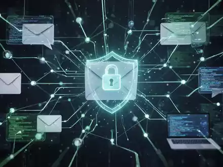 Abstraktes digitales Netzwerk mit leuchtenden Linien und Knoten, das sichere E-Mail-Kommunikation und KI-gesteuerten Datenfluss symbolisiert. - Foto: über boerse-global.de