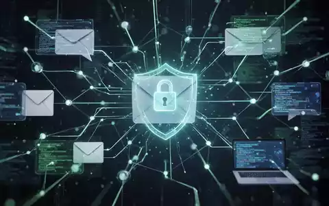 Abstraktes digitales Netzwerk mit leuchtenden Linien und Knoten, das sichere E-Mail-Kommunikation und KI-gesteuerten Datenfluss symbolisiert. - Foto: über boerse-global.de
